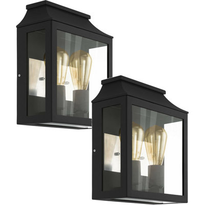 2 PACK IP44 Outdoor Wall Light Black Aluminium Glass Box 60W E27 Porch ...