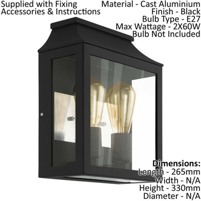 2 PACK IP44 Outdoor Wall Light Black Aluminium Glass Box 60W E27 Porch Lamp