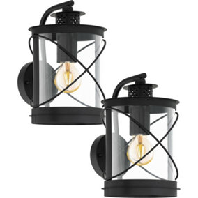 2 PACK IP44 Outdoor Wall Light Black Hoop Lantern 1x 60W E27 Porch Lamp