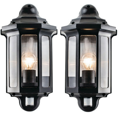 2 PACK IP44 Outdoor Wall Light Satin Black PIR Half Lantern Traditional ...