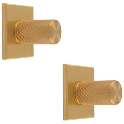 2 PACK - Knurled Cylinder Cabinet Door Knob & Matching Backplate - Satin Brass 40 x 40mm