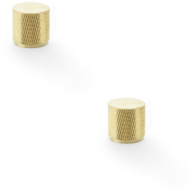 2 PACK - Knurled Cylinder Cupboard Door Knob - 20mm x 20mm - Satin Brass Pull Handle