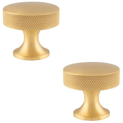 2 PACK - Knurled Flared Stem Cabinet Door Knob - 38mm Satin Brass Cupboard Pull Handle