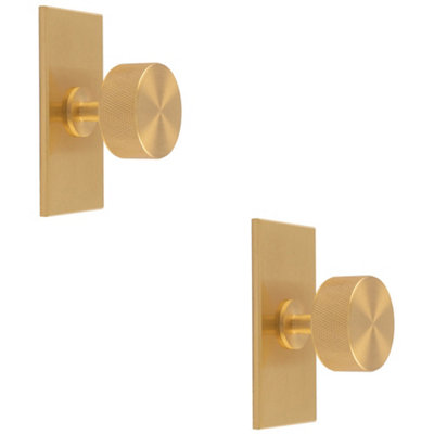 2 PACK - Knurled Radio Cabinet Door Knob & Matching Backplate - Satin Brass 76 x 40mm