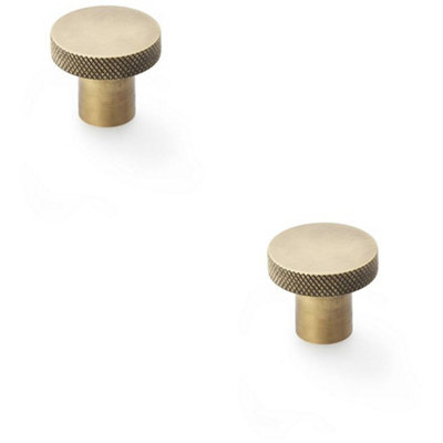 2 PACK - Knurled Round Radio Cupboard Door Knob - 30mm Diameter Antique Brass Pull Handle