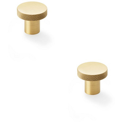 2 PACK - Knurled Round Radio Cupboard Door Knob - 30mm Diameter Satin Brass Pull Handle