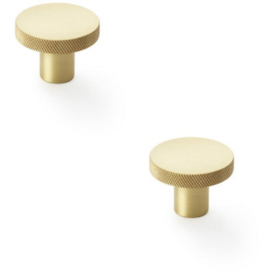 2 PACK - Knurled Round Radio Cupboard Door Knob - 38mm Diameter Satin Brass Pull Handle