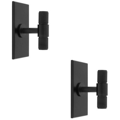 2 PACK - Knurled T Bar Cabinet Door Knob & Matching Backplate - Matt Black 76 x 40mm