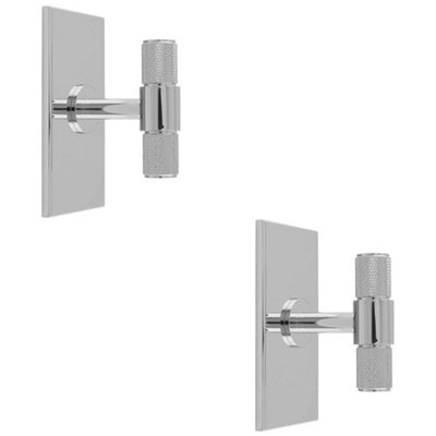 2 PACK - Knurled T Bar Cabinet Door Knob & Matching Backplate - Polished Chrome 76 x 40mm