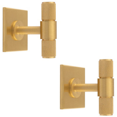 2 PACK - Knurled T Bar Cabinet Door Knob & Matching Backplate - Satin Brass 40 x 40mm