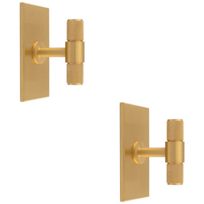 2 PACK - Knurled T Bar Cabinet Door Knob & Matching Backplate - Satin Brass 76 x 40mm