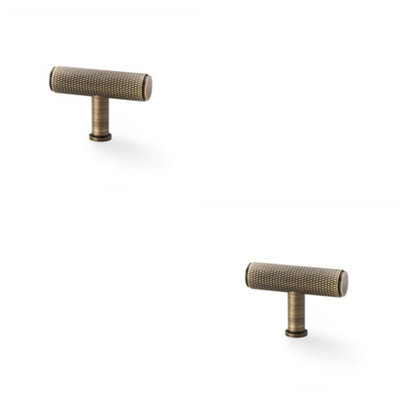 2 PACK - Knurled T Bar Cupboard Door Knob - 55mm x 38mm - Antique Brass Unit Pull Handle