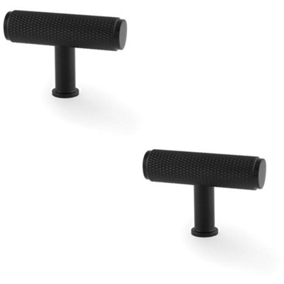 2 PACK - Knurled T Bar Cupboard Door Knob - 55mm x 38mm - Matt Black Unit Pull Handle