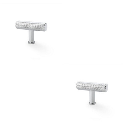 2 PACK - Knurled T Bar Cupboard Door Knob - 55mm x 38mm Polished Chrome Unit Pull Handle