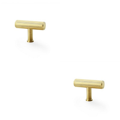 2 PACK - Knurled T Bar Cupboard Door Knob - 55mm x 38mm - Satin Brass Unit Pull Handle