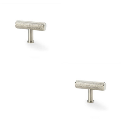 2 PACK - Knurled T Bar Cupboard Door Knob - 55mm x 38mm - Satin Nickel Unit Pull Handle