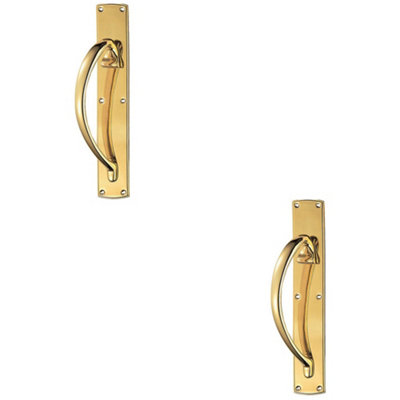 2 PACK - Left Handed Curved Door Pull Handle 457mm x 75mm Backplate Polished Brass