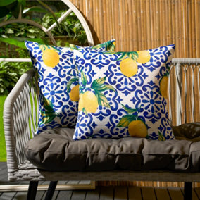 2 Pack Lemon Abstract Water Resistant Outdoor Filled Cushions Garden