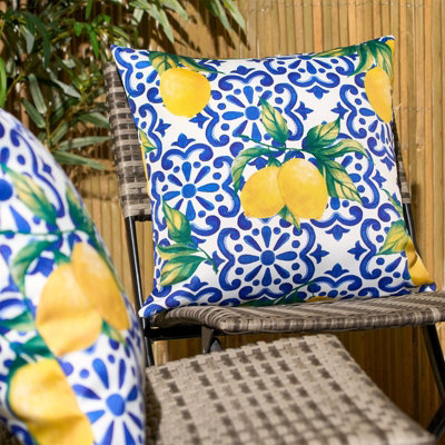 2 Pack Lemon Abstract Water Resistant Outdoor Filled Cushions Garden