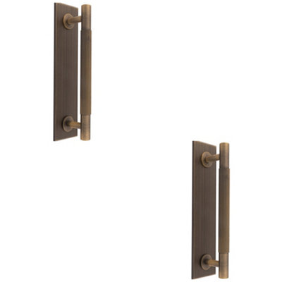 2 PACK - Lined Reeded Drawer Pull Handle & Matching Backplate - Antique Brass 200 x 40mm