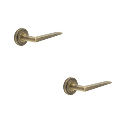2 PACK Luxurious Antique Brass Door Handle on Stepped Rose Design - Solid Brass Interior Handle