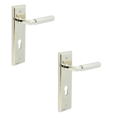 2 PACK Luxurious Door Handle with Din Euro Backplate in Polished Nickel Finish - Solid Brass Interior Handle