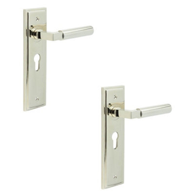 2 PACK Luxurious Euro Backplate Door Handle in Polished Nickel - Solid Brass Interior Lever