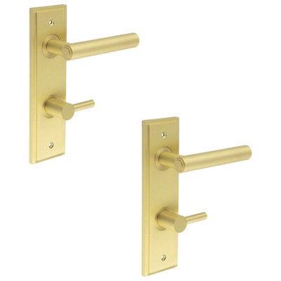 2 PACK Luxurious Satin Brass Bathroom Door Handle with Turn Release - Solid Brass Interior Lever