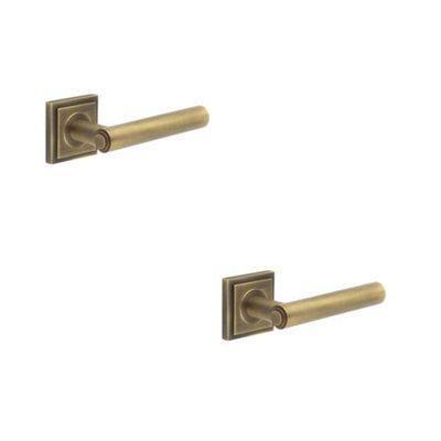2 PACK Luxurious Square Stepped Antique Brass Door Handle for Any Home - Solid Brass Interior Handle
