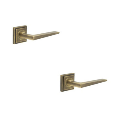 2 PACK Luxury Antique Brass Door Handle on Square Stepped Rose for Elegant Interiors - Solid Brass Interior Handle