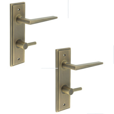 2 PACK Luxury Antique Brass Door Handle with Turn Release for Bathrooms - Solid Brass Interior Handle