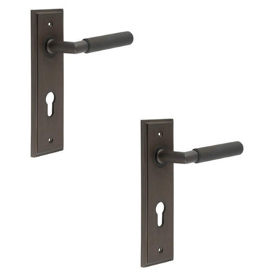 2 PACK Luxury Dark Bronze Euro Backplate Door Handle with Knurled Detail - Solid Brass Interior Handle