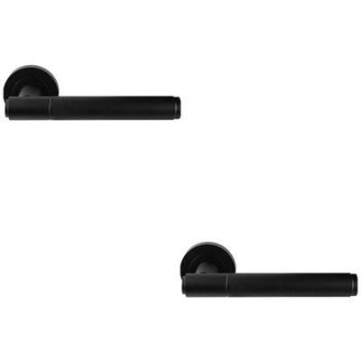 2 PACK - Luxury Knurled Door Handle Set - Matt Black Angled Lever on Round Rose