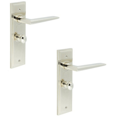 2 PACK Luxury Polished Nickel Bathroom Door Handle with Backplate and Turn Release Solid Brass - Interior Handle