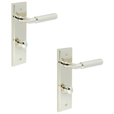 2 PACK Luxury Polished Nickel Bathroom Door Handle with Backplate and Turn Release - Solid Brass Interior Handle
