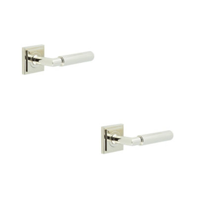 2 PACK Luxury Polished Nickel Door Handle on Square Stepped Rose - Solid Brass Interior Handle