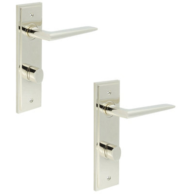 2 PACK Luxury Polished Nickel Door Handle with Backplate for Bathrooms - Solid Brass Interior Handle