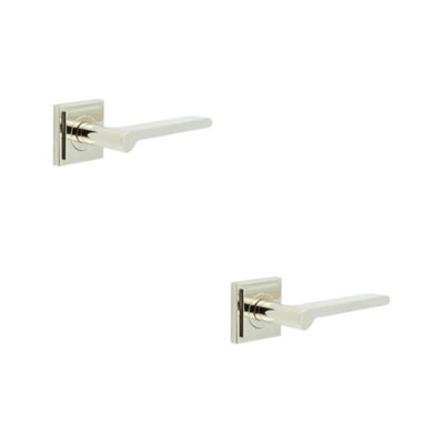 2 PACK Luxury Polished Nickel Door Handle with Square Stepped Rose - Solid Brass Interior Handle