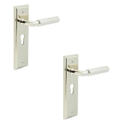 2 PACK Luxury Polished Nickel Euro Backplate Door Handle with Knurled Detail - Solid Brass Interior Handle