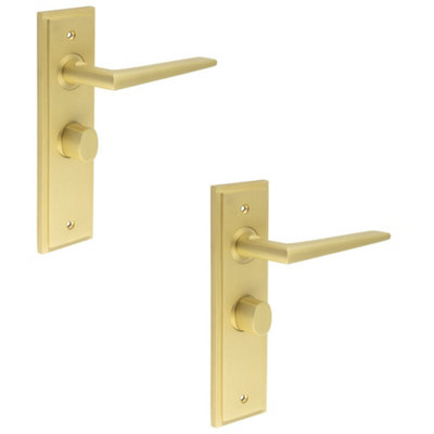 2 PACK Luxury Satin Brass Bathroom Door Handle with Backplate & Turn Release - Interior Handle