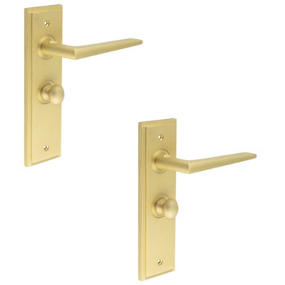 2 PACK Luxury Satin Brass Door Handle with Backplate for Bathroom - Solid Brass Interior Handle