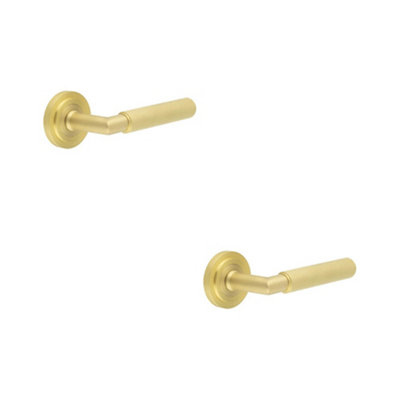 2 PACK Luxury Satin Brass Door Handle with Stepped Rose - Solid Brass Interior Handle