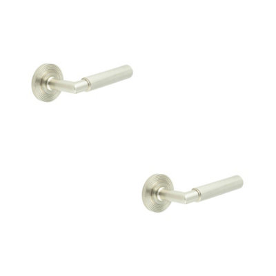 2 PACK Luxury Satin Nickel Door Handle with Reeded Rose Design - Solid Brass Interior Handle