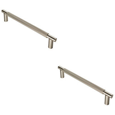 2 PACK - Luxury T Bar Knurled Pull Handle - 300mm Satin Nickel - Kitchen Door Cabinet