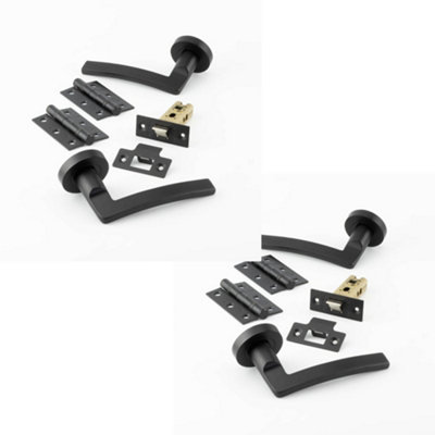 2 PACK Matt Black Door Handle Pack - Fire Rated Curved Lever on Rose Hinge & Latch Set