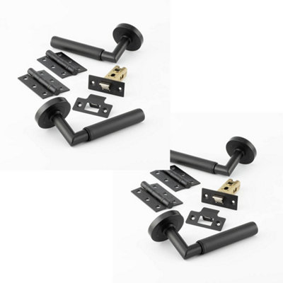 2 PACK Matt Black Door Handle Pack - Fire Rated Mitred Lever on Rose Hinge & Latch Set