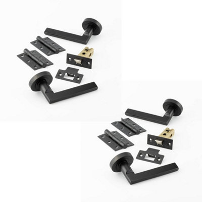2 PACK Matt Black Door Handle Pack - Fire Rated Slim Lever on Rose Hinge & Latch Set