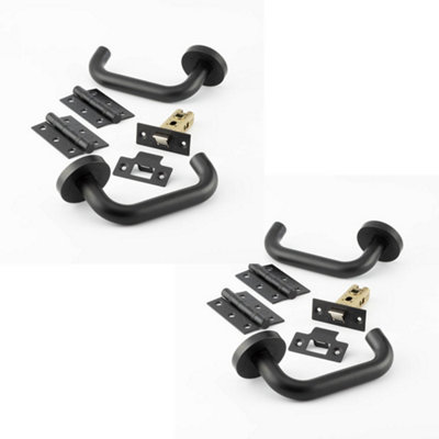 2 PACK Matt Black Door Handle Pack - Fire Rated Stylish Lever on Rose Hinge & Latch Set