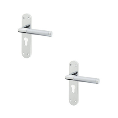 2 PACK Mitred Suite Door Handle with Euro Profile Lockplate in Polished and Satin Chrome Finish - Interior Lever on Backplate