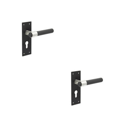 2 PACK Modern T-Bar Door Handle with Euro Profile Lockplate in Sleek Black Finish - Interior Lever on Backplate